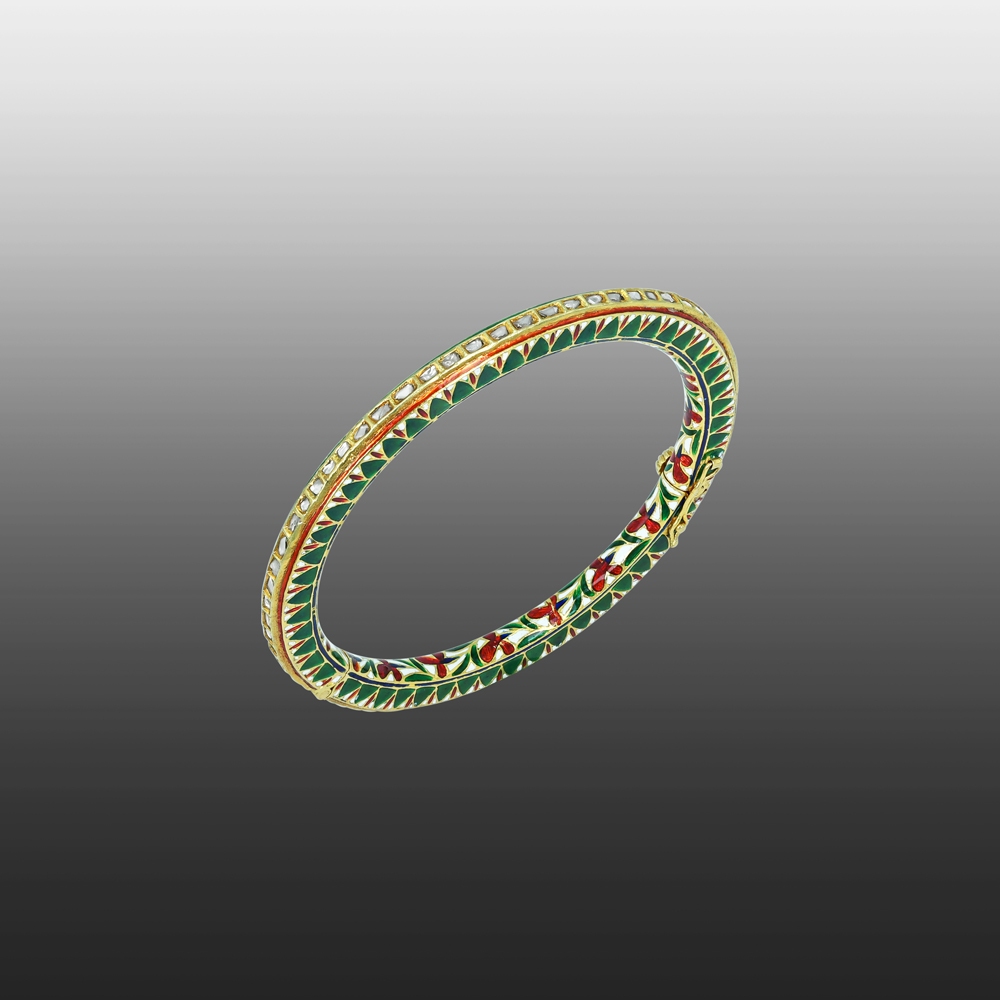 Polki Bangle with Green and Red Enamel Design